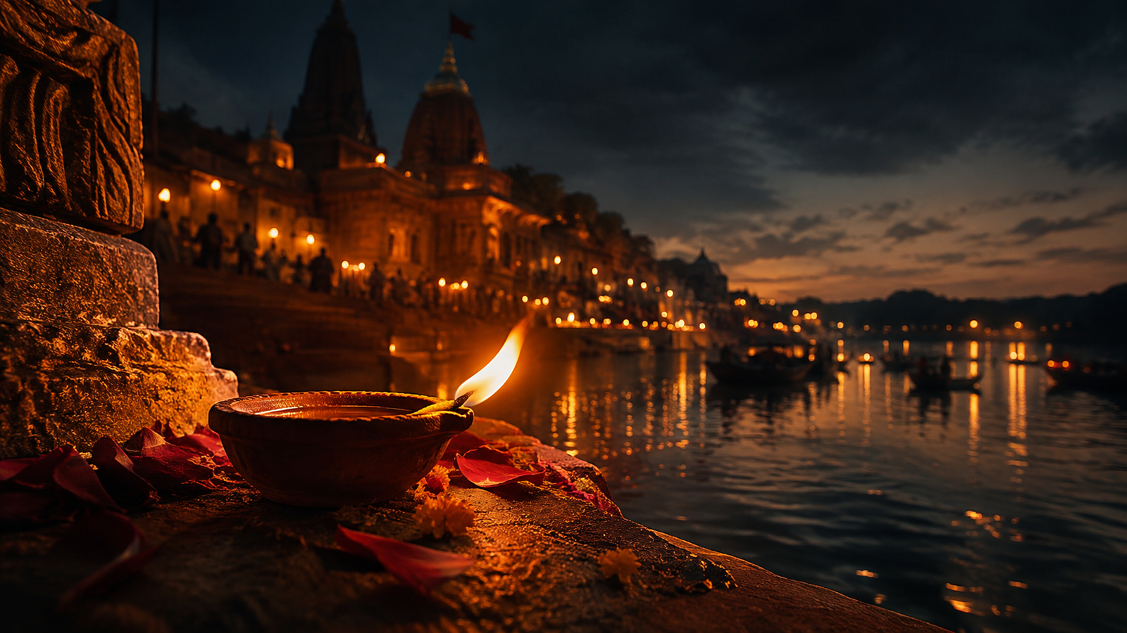 Traditional diya glowing in a peaceful Indian spiritual setting