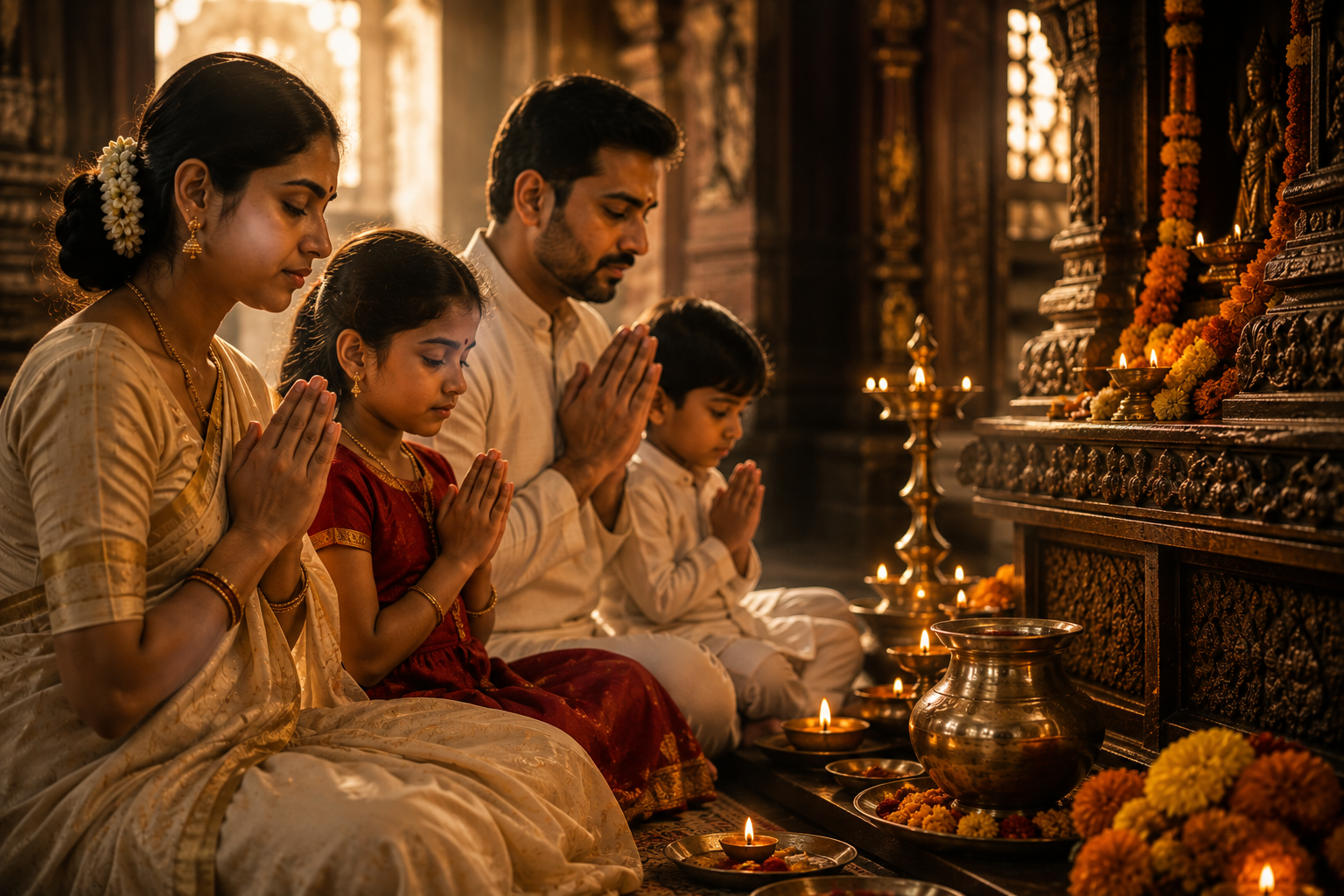 Devotional prayer scene in an Indian spiritual setting