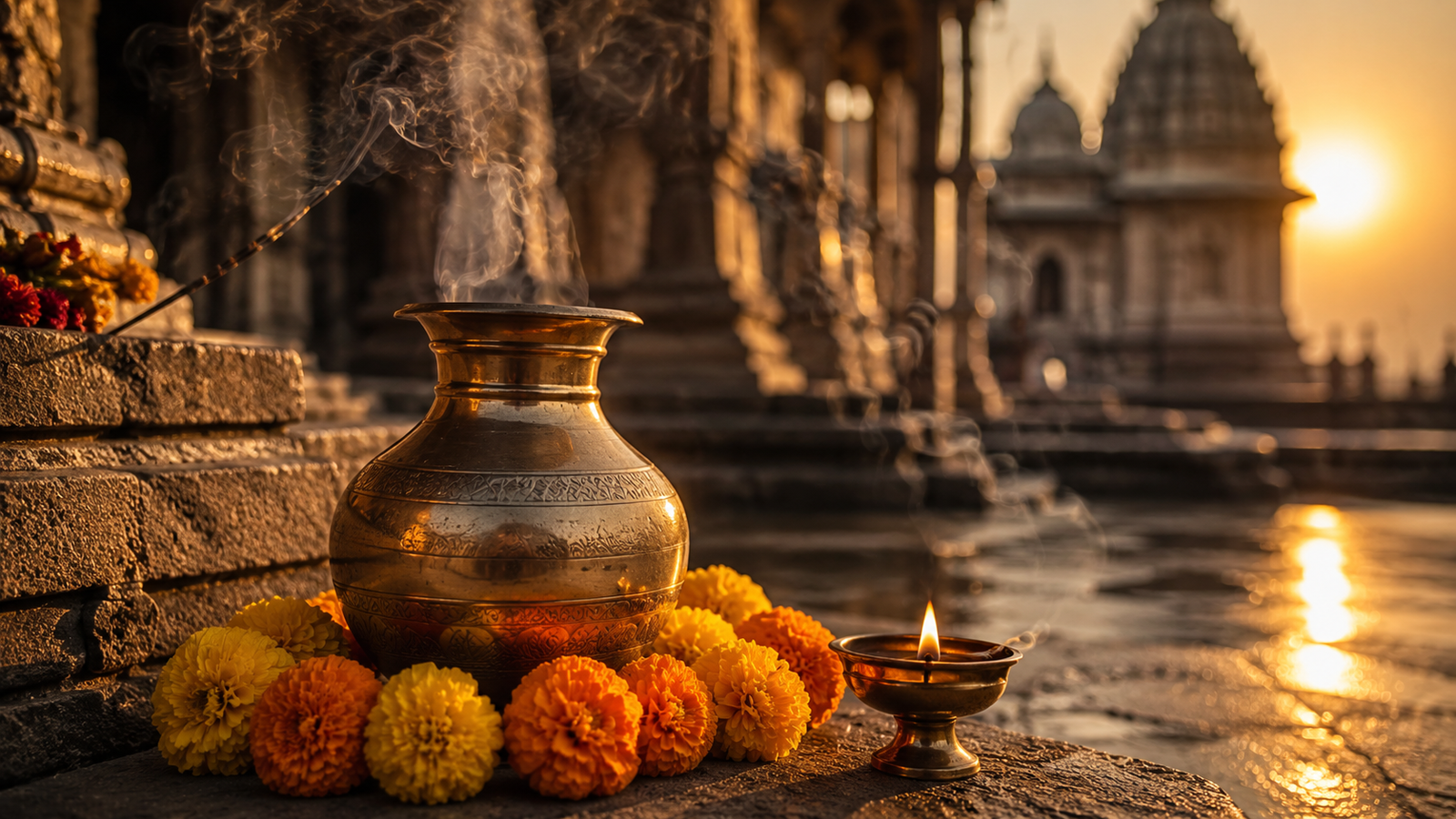 Water vessel presented respectfully beside flowers and a traditional diya